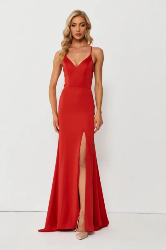 Red open lace up back dress QT011 sold by Cargo
