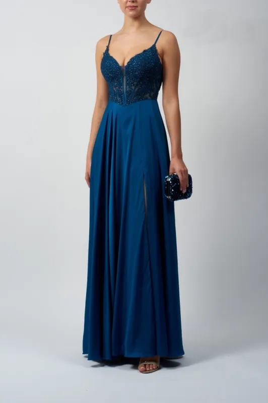 Mascara MC18323 Petrol Embroidered Corset Satin Dress sold by Cargo