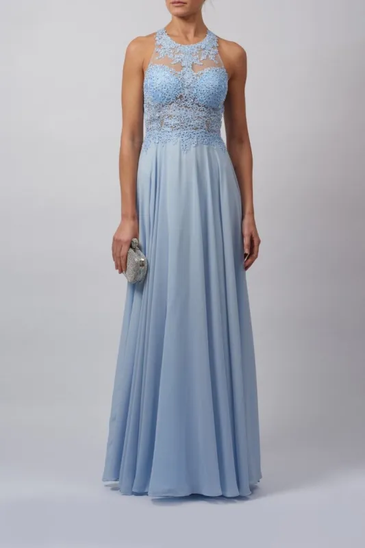 Baby Blue lace embellished open back dress MC181437 sold by Cargo