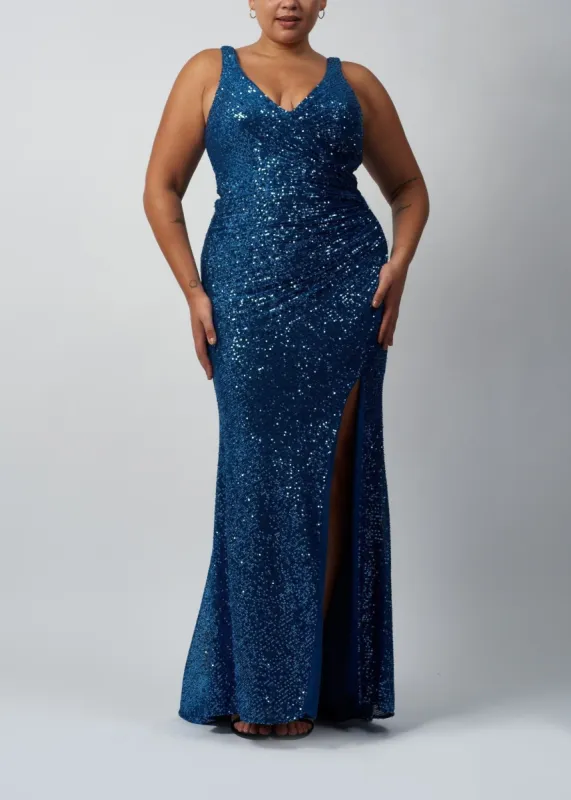 Curvy Steele Blue Full Sequin Evening Dress MC518941 sold by Cargo