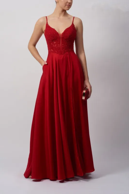 Mascara Red Embroidered Corset Satin Dress MC18323 sold by Cargo