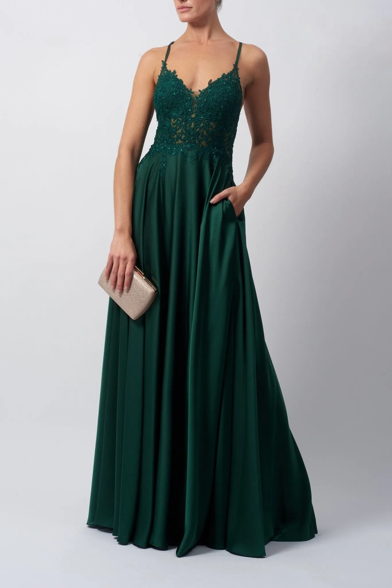 Forest Green MC1825017 Satin Low Back Dress sold by Cargo