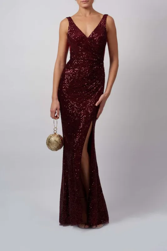 Wine MC18941 Sequin Wrap dress with deep V back sold by Cargo