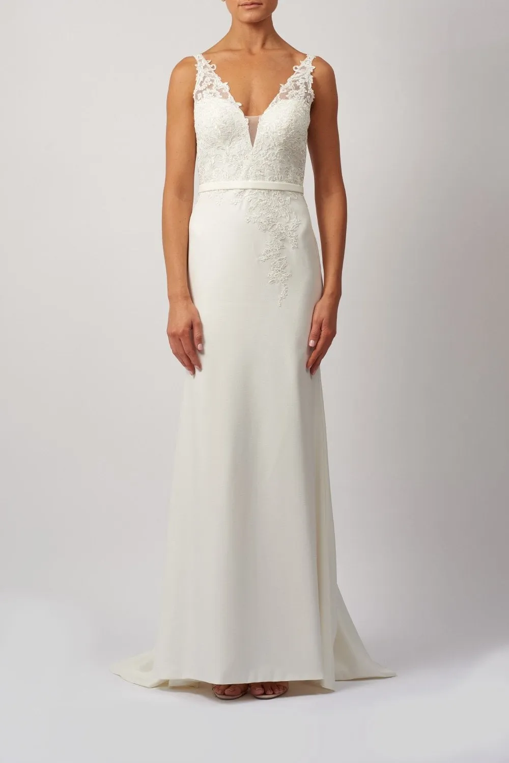 Ivory Crepe lace embellished v neck gown MC318924 sold by Cargo