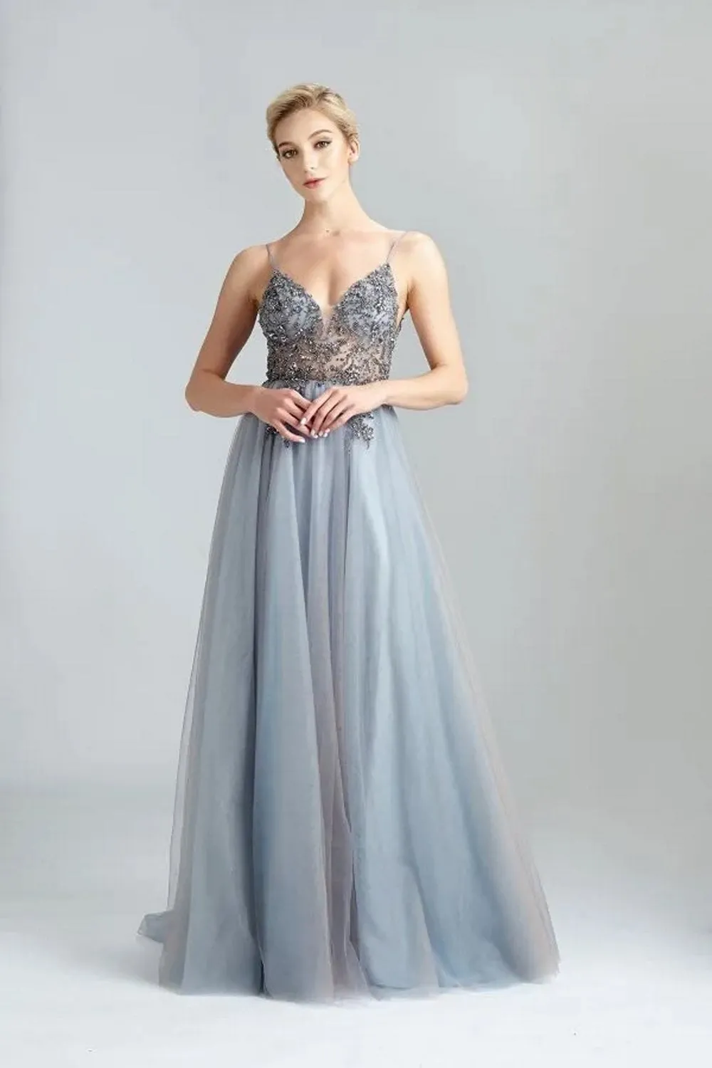 Deep Grey V-Neck Beaded Prom Dress with Sexy Side Split 32564b sold by Cargo