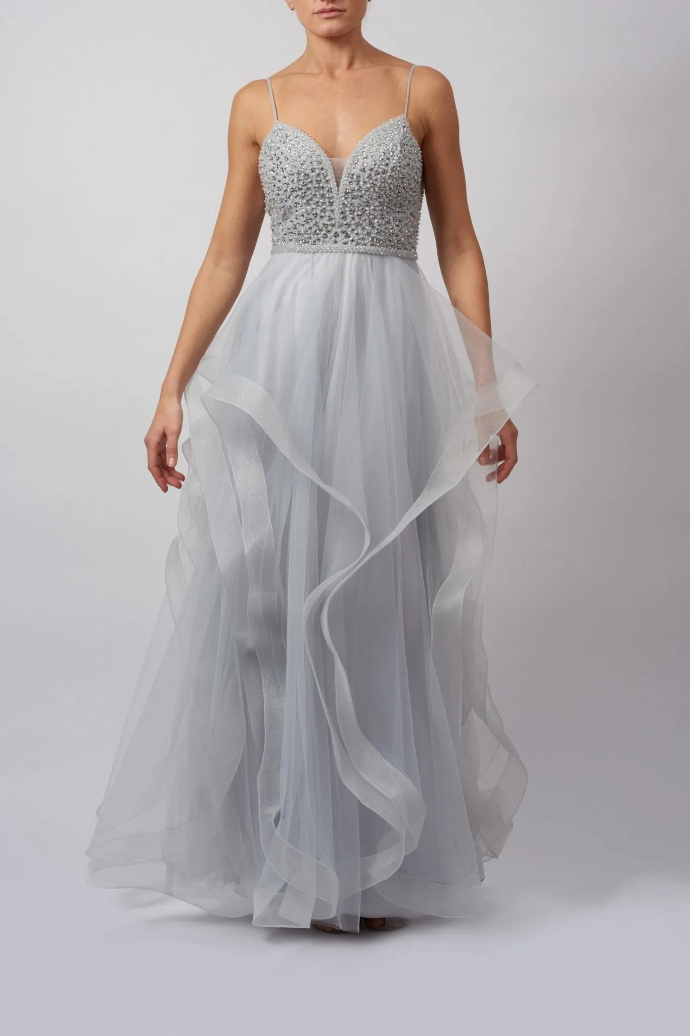 Silver V Neck Tulle Ballgown MC16937 sold by Cargo
