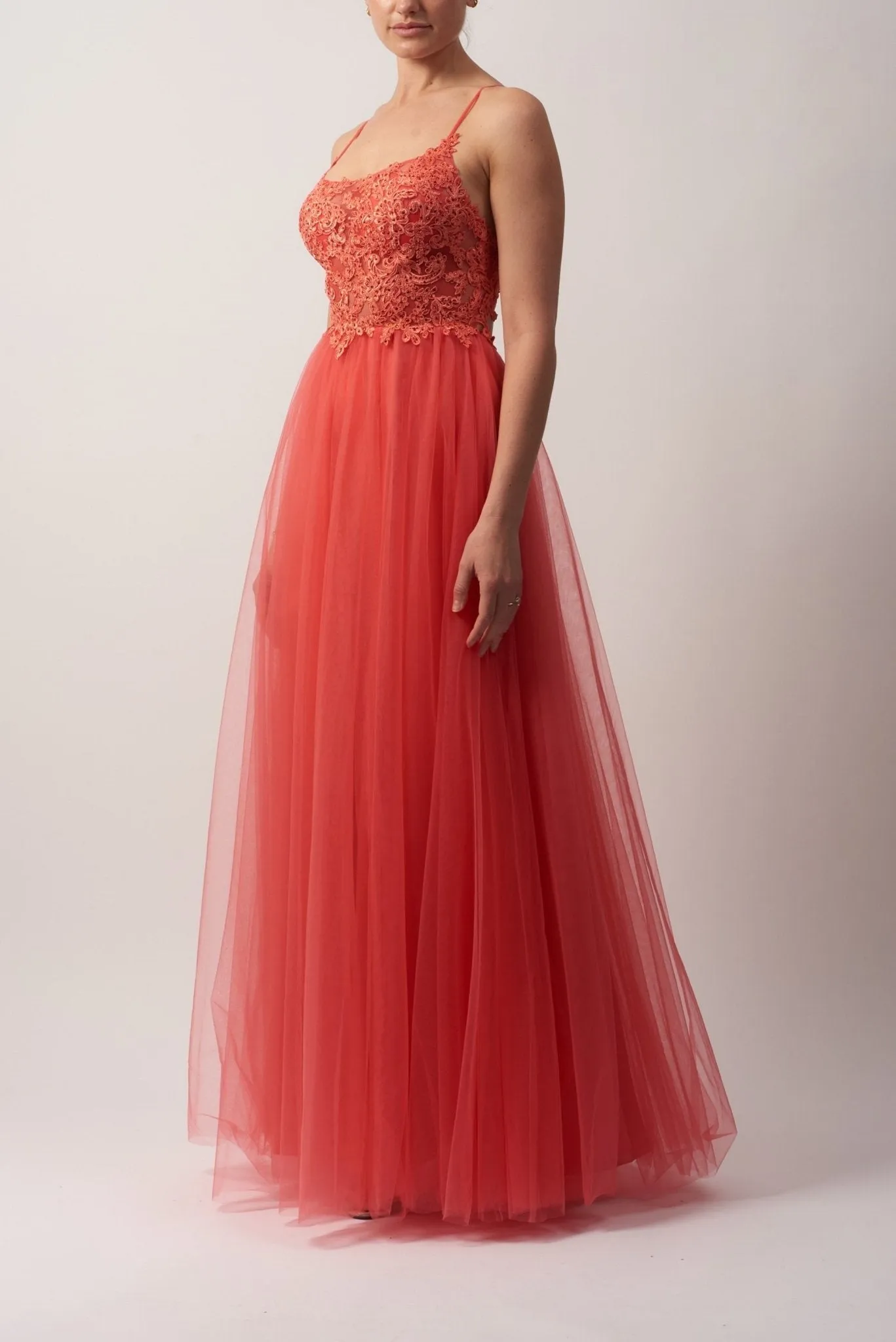 Coral Tie open back embellished tulle prom dress MC18102 sold by Cargo