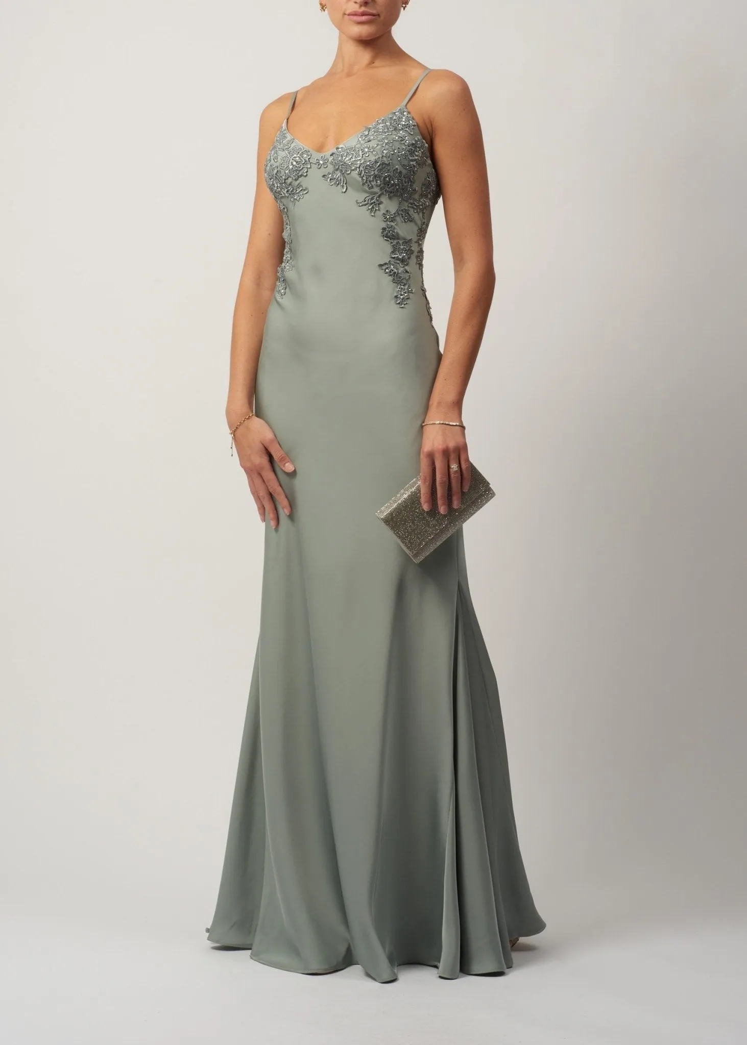 Sage Satin Slip Embellished Long Gown MC192046 sold by Cargo