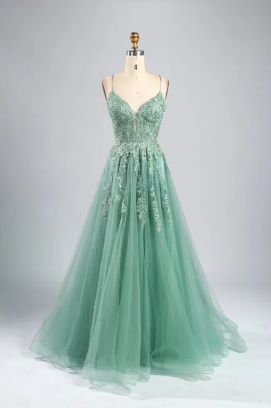 Joy Sage Green Floral Applique Tulle Ballgown sold by Cargo