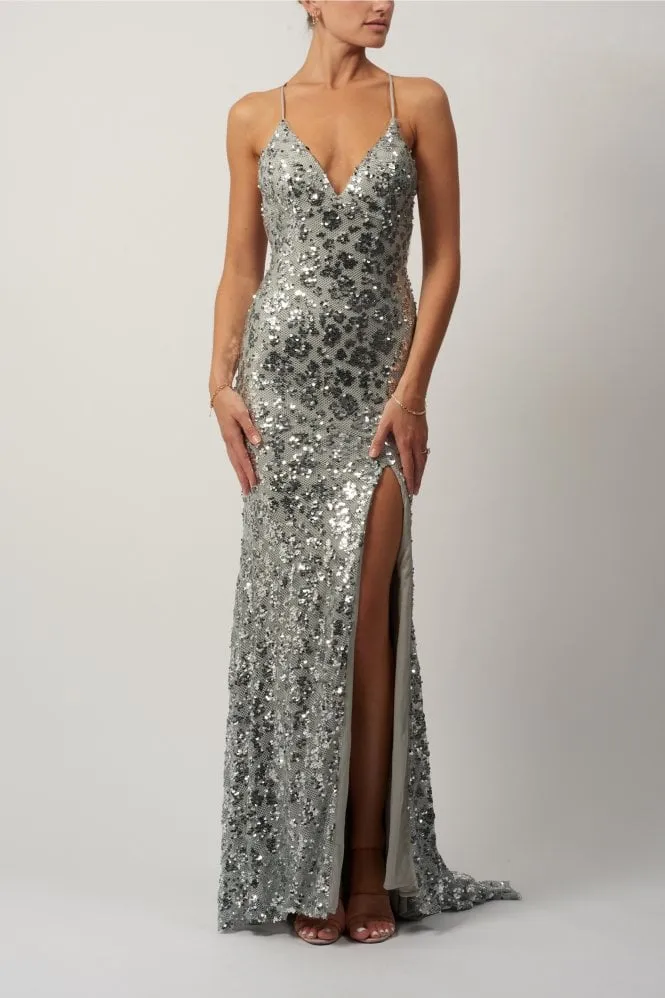 Mascara MC1825012 Silver Sequins Low Back Prom Dress sold by Cargo