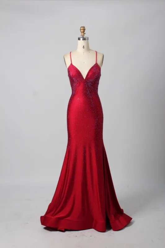 Poppy Red Rhinestone Long Prom Dress - Jessica Stuart sold by Cargo