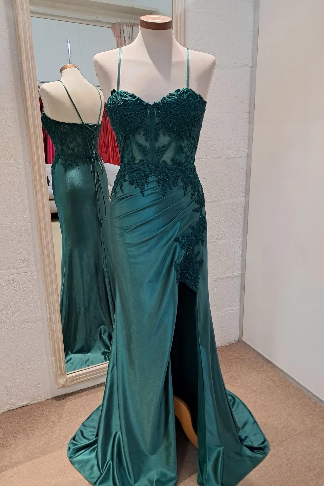 Elaine Forest Green Satin Lace Slit Prom Dress sold by Cargo