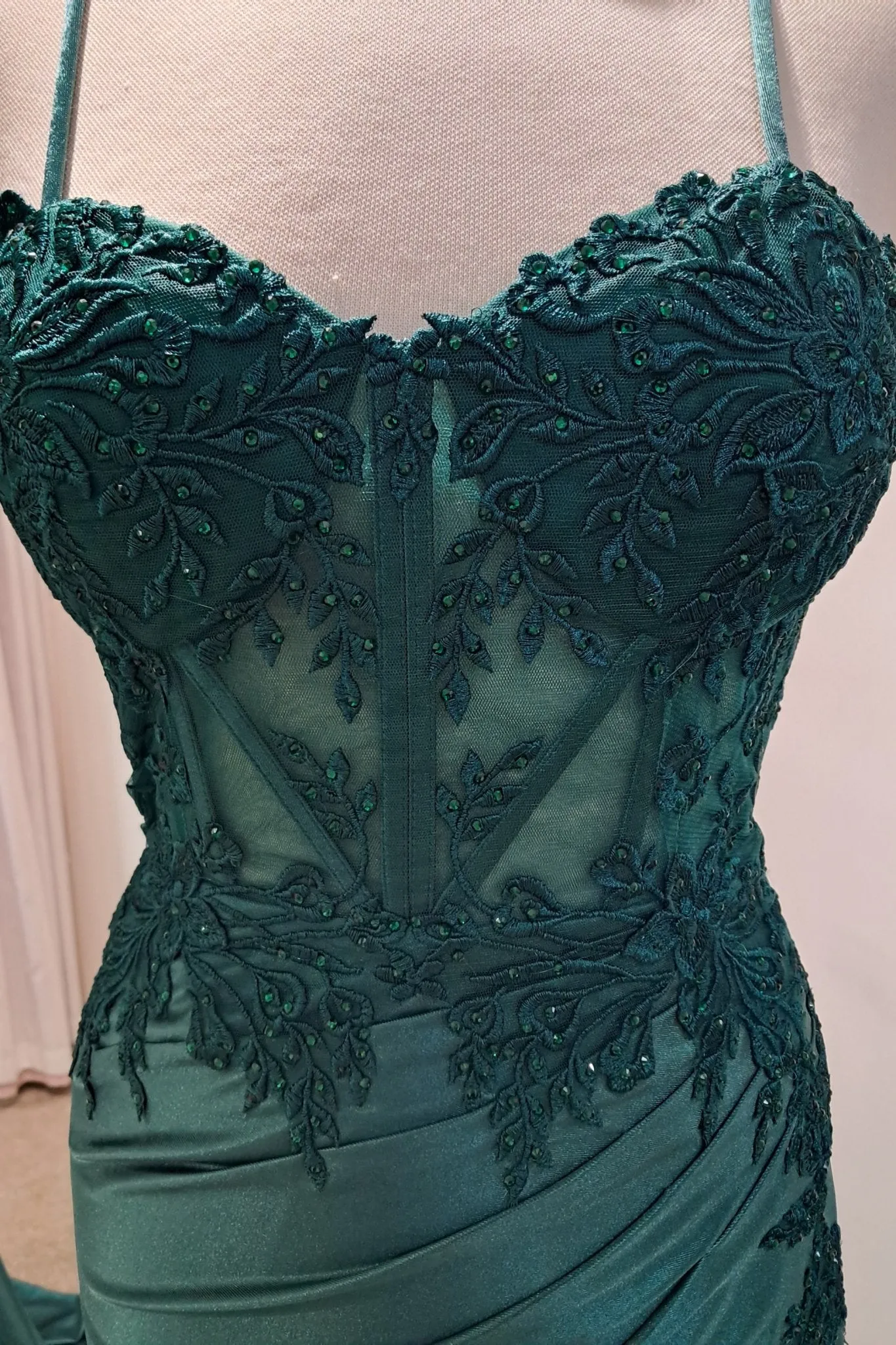 Elaine Forest Green Satin Lace Slit Prom Dress sold by Cargo product image thumbnail 4