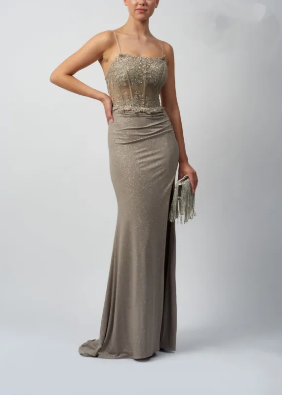 Beige Mascara MC123213 Lace Embroidered Prom Dress sold by Cargo