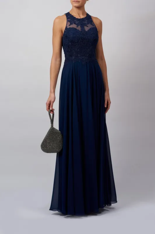 Navy lace embellished open back dress MC181437 sold by Cargo