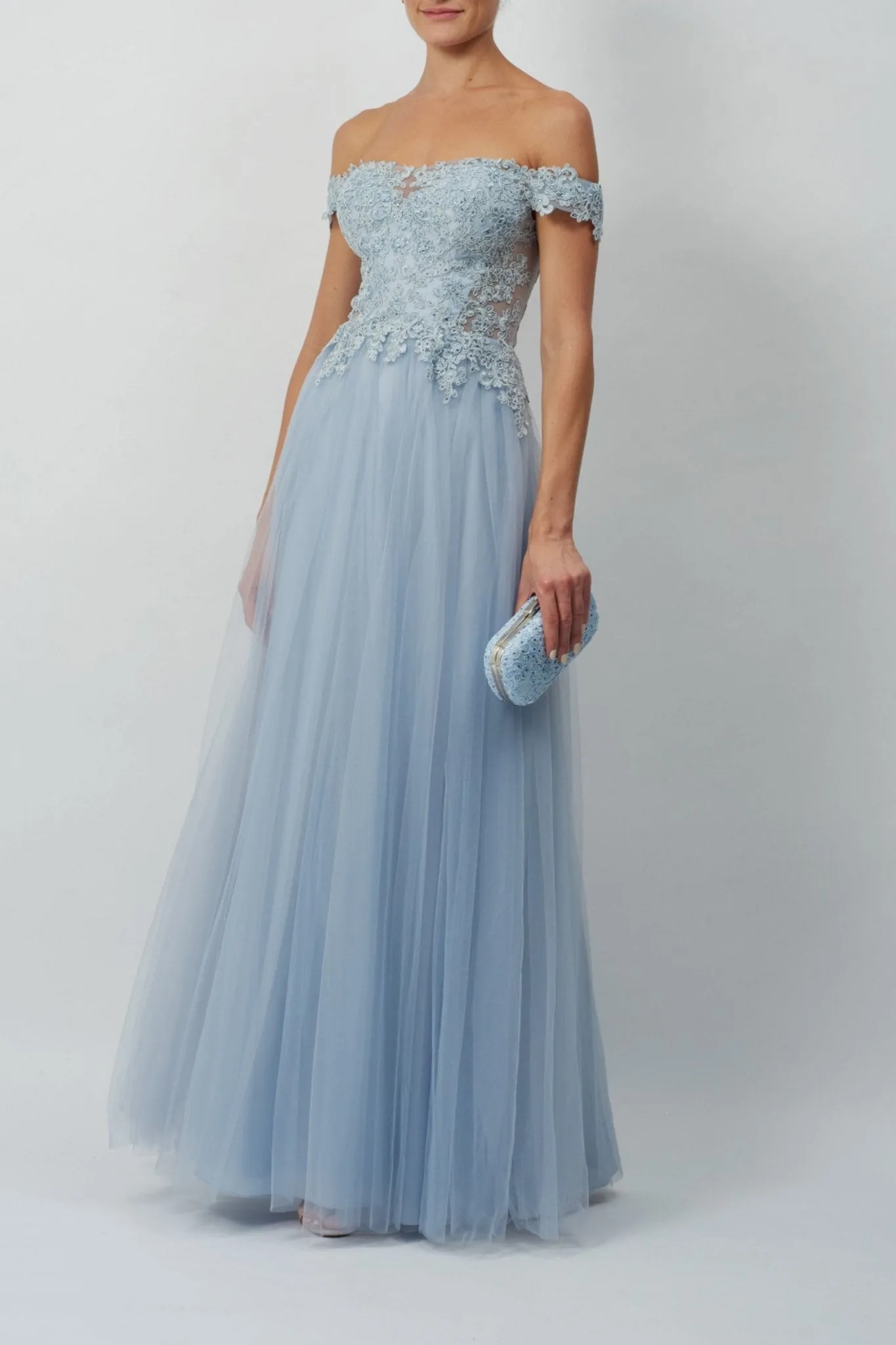 Misty Blue Tulle Bardot Neckline Prom Dress MC112015 sold by Cargo