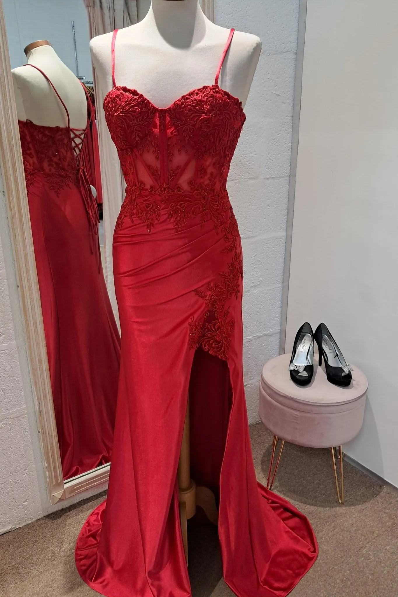 Elaine Red Satin Lace Slit Prom Dress sold by Cargo