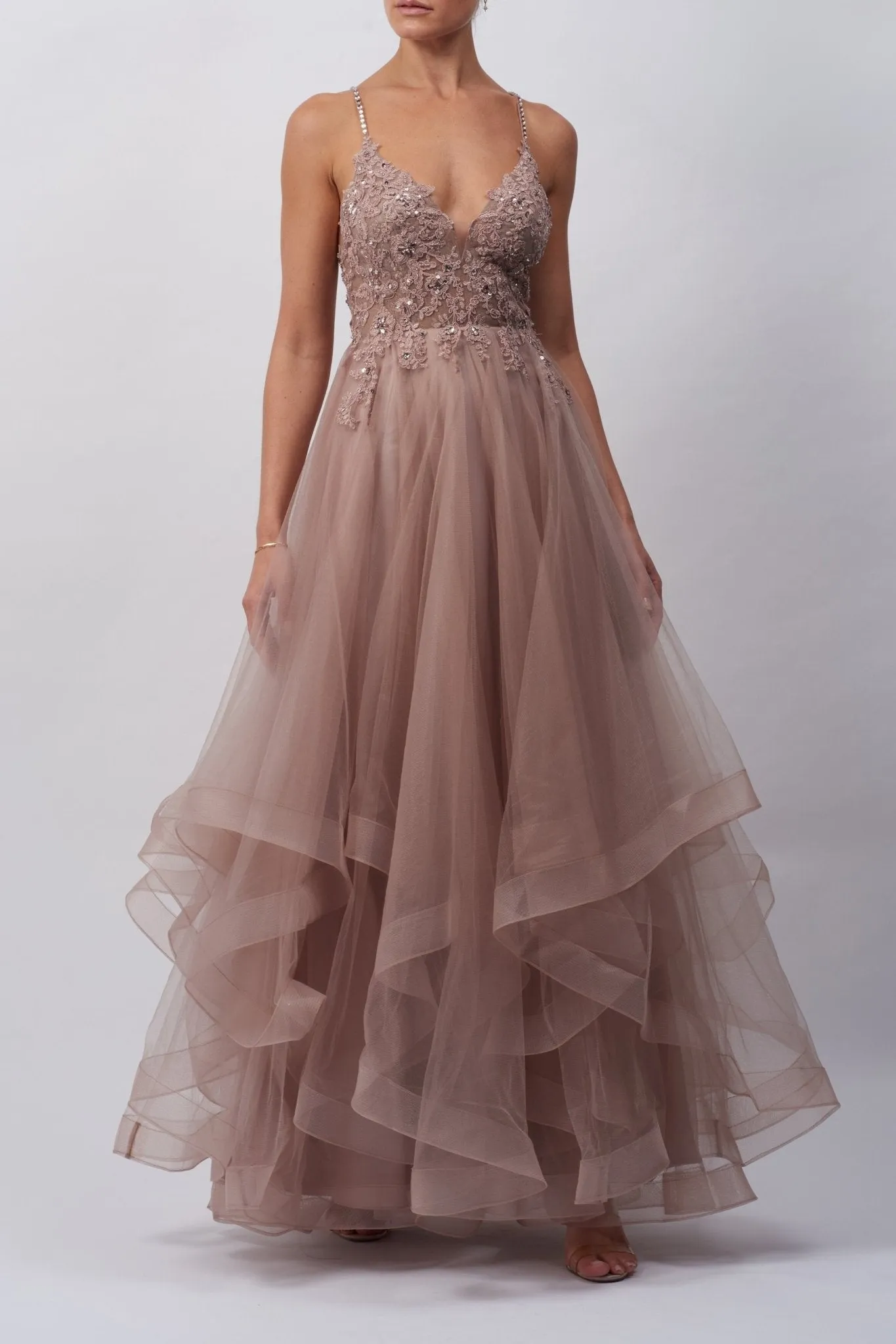 Taupe Tiered Tulle Sparkle Strap Prom Dress MC110117 sold by Cargo
