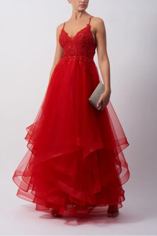 Red MC110117 Tiered Tulle Sparkle Strap Prom Dress sold by Cargo
