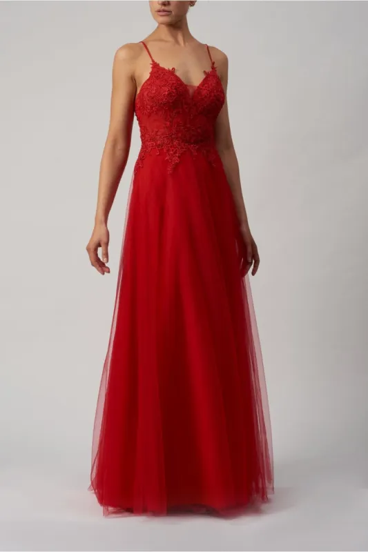 RED Lace bodice and tulle skirt prom dress MC18108 sold by Cargo