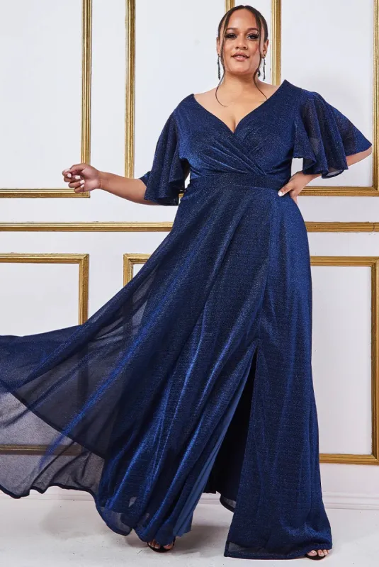Goddiva Navy Plus Lurex Wrap Flutter Sleeve Maxi Dress  DR3358QZP sold by Cargo