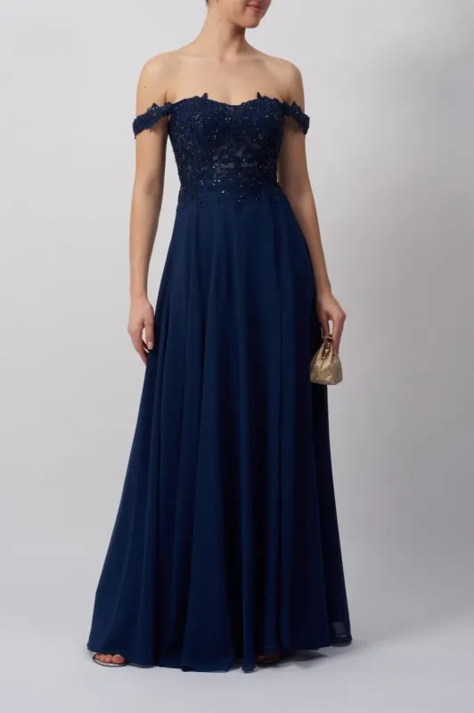 Mascara MC119311 Navy Bardot Chiffon Dress sold by Cargo