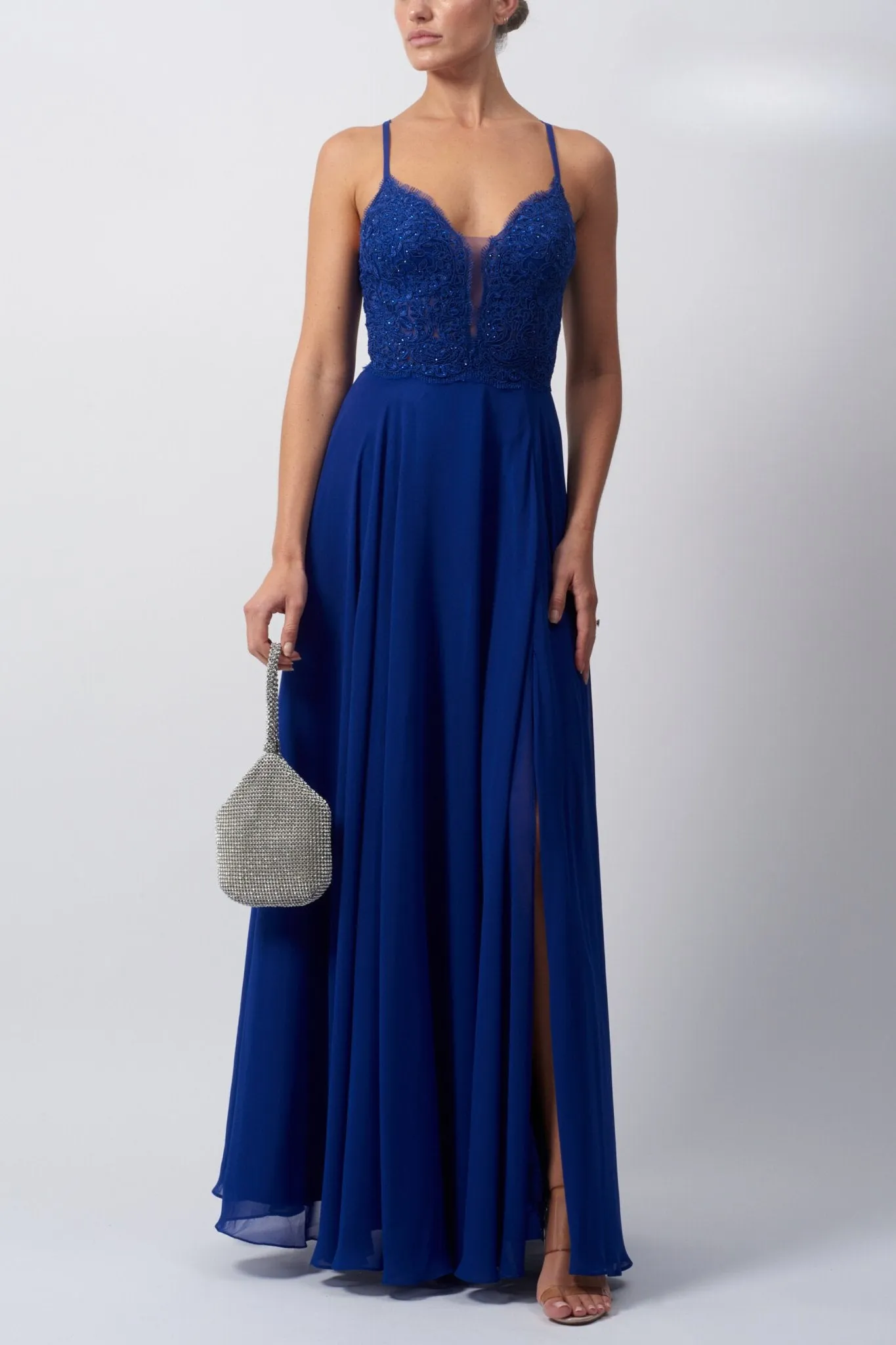 Mascara MC122041 Chiffon Velvet Blue Tie Back Dress sold by Cargo