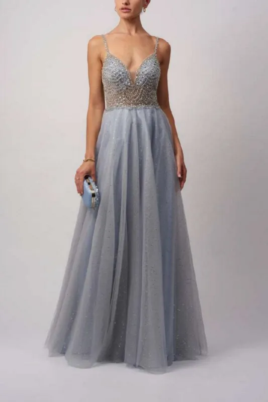 Misty Blue Beaded bodice with sparkle tulle skirt MC12109 sold by Cargo