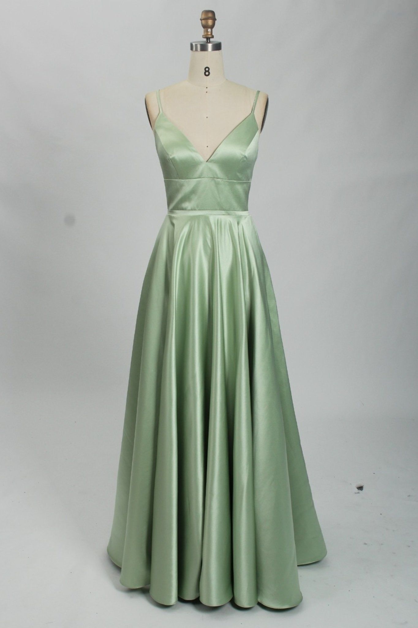 Mint full skirted long satin prom dress sold by Cargo