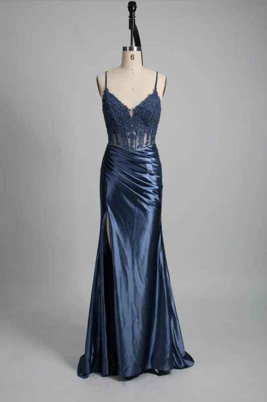 Blake Dusty Blue Corset Satin Dress by Jessica Stuart sold by Cargo
