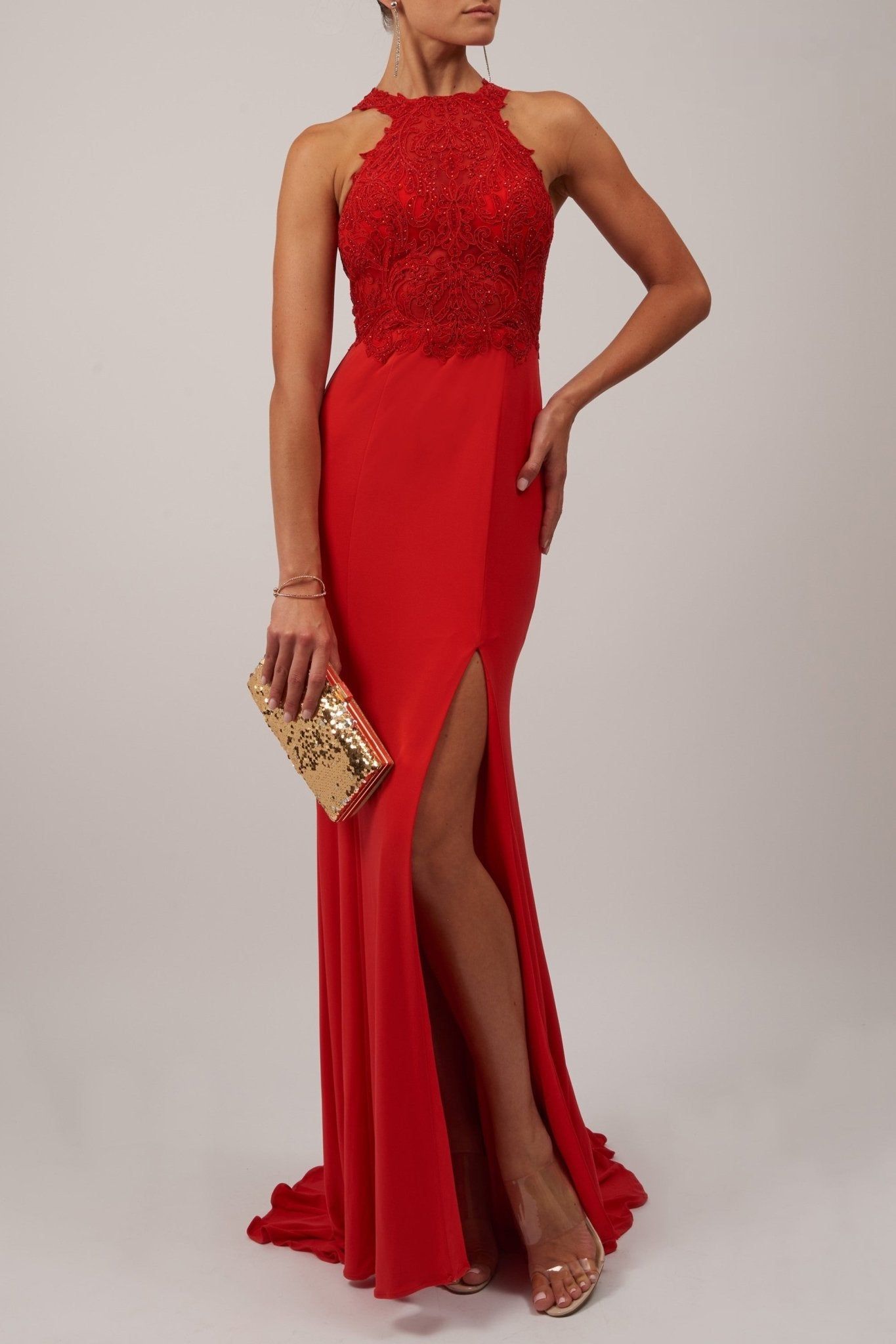 Flame red Lace High neck bodycon dress MC120932 sold by Cargo
