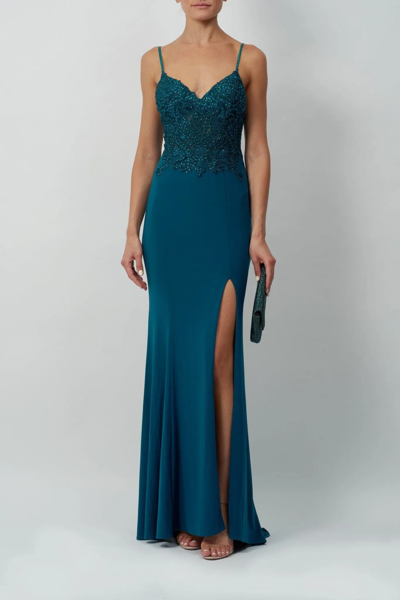 Teal beaded bodice strap dress MC181460 sold by Cargo
