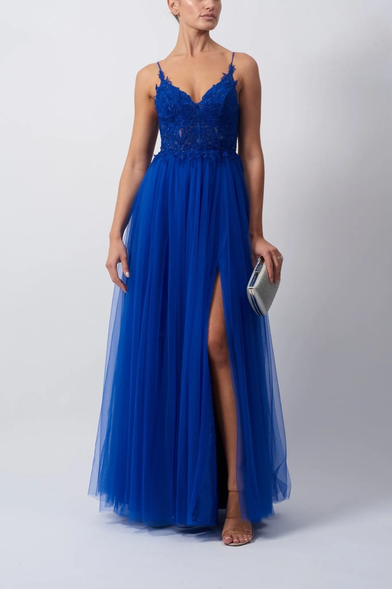 Royal Blue Low Back Lace Tulle Dress MC1825025 sold by Cargo
