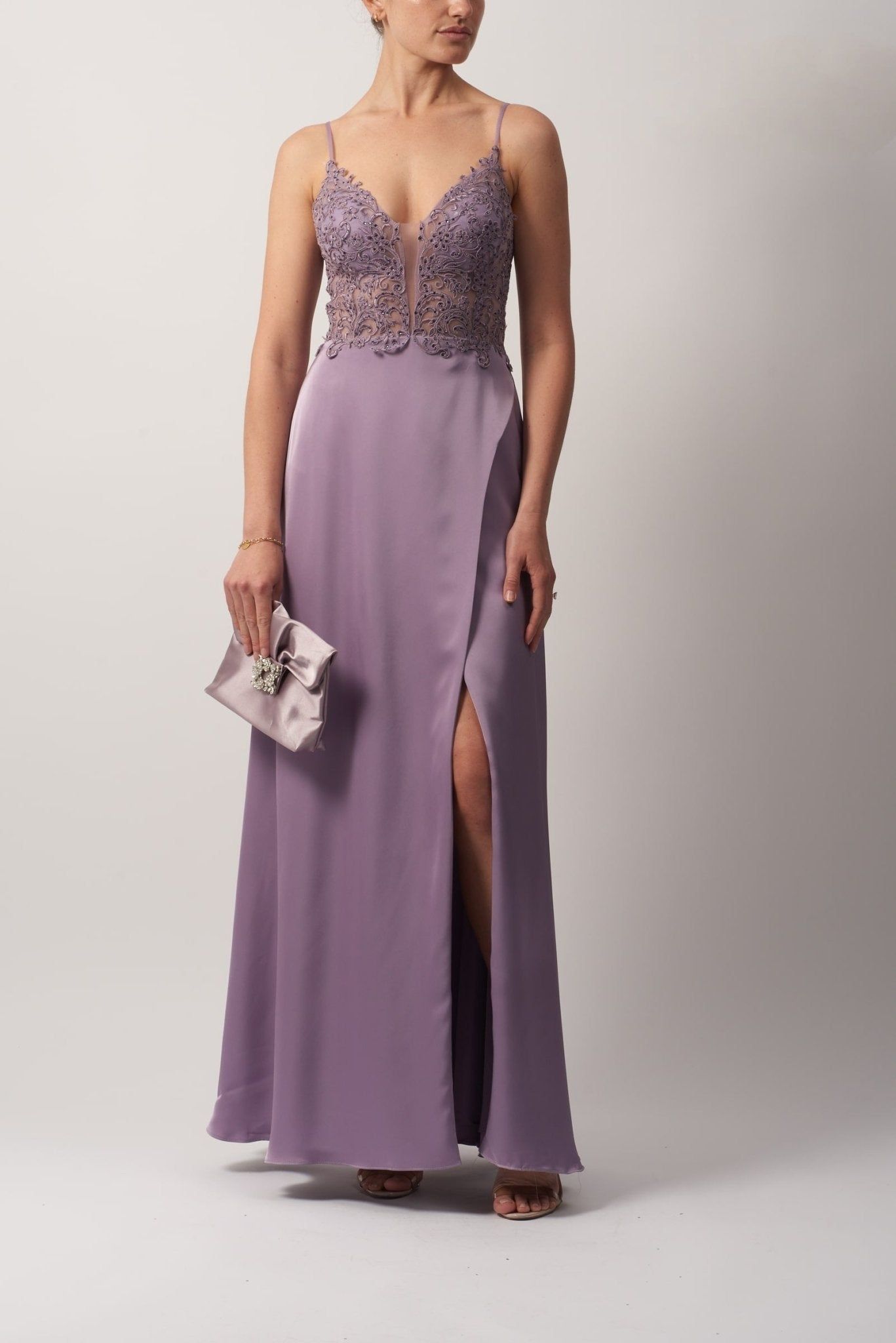 Lavender Floral Lace Satin Prom Dress MC192042 sold by Cargo