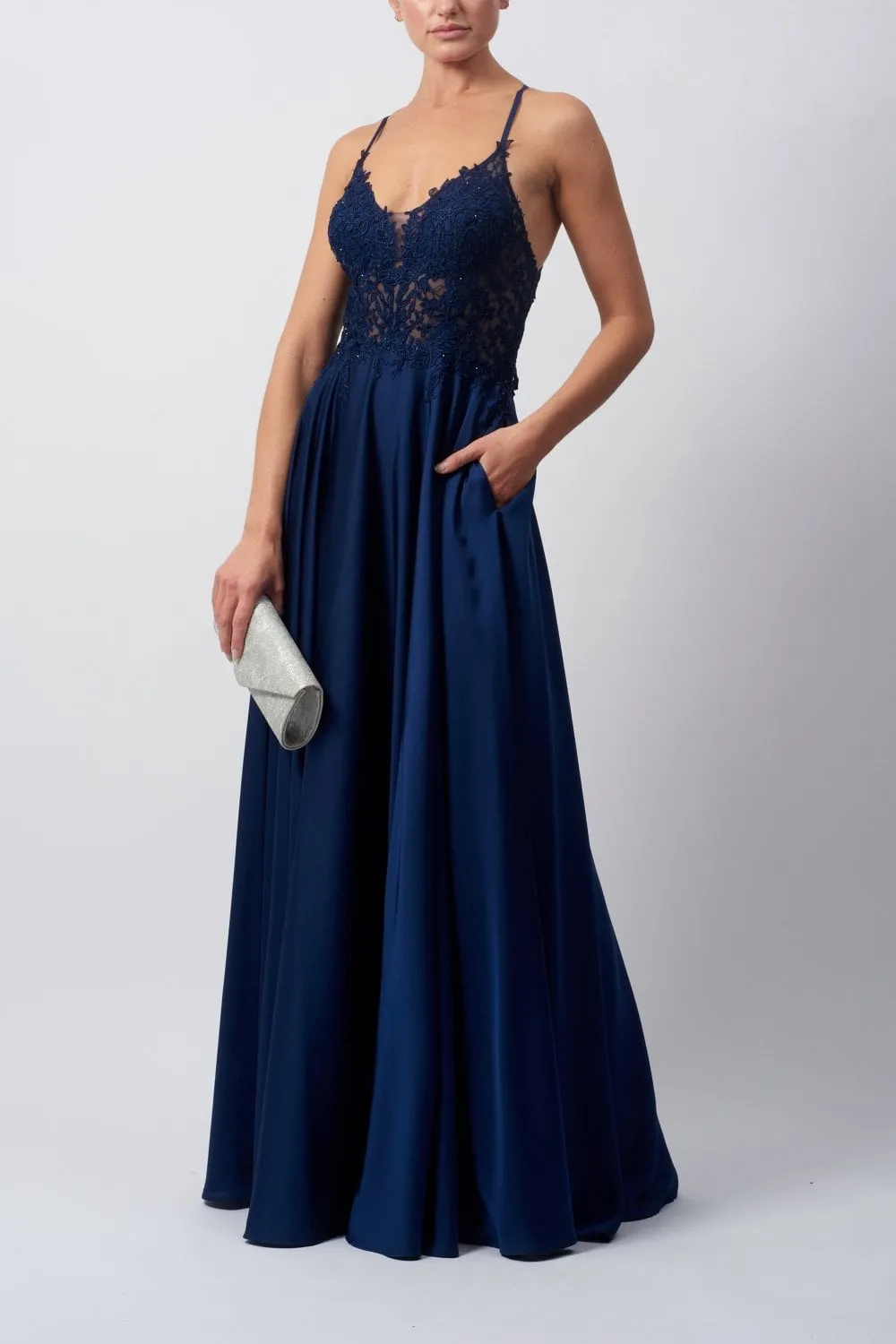 Navy Satin Low Back Dress MC1825017 sold by Cargo