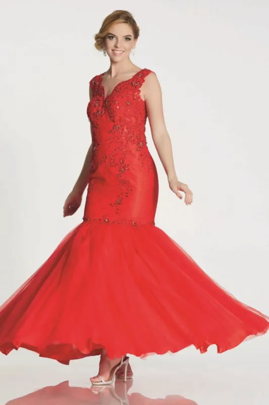 Red Nina embroidery detail mermaid style gown sold by Cargo