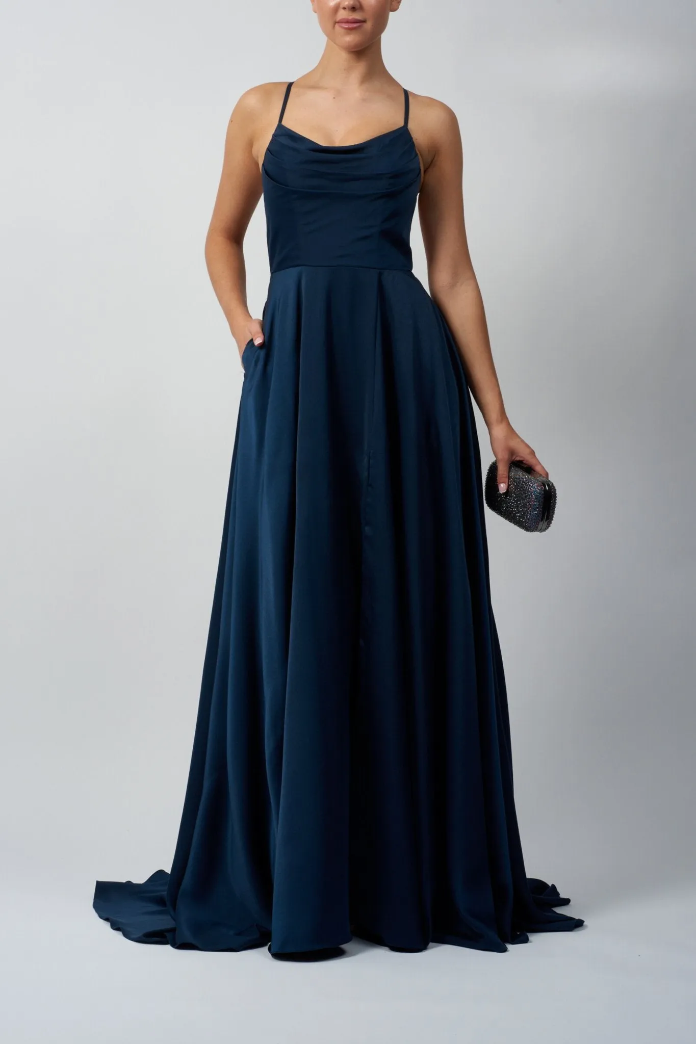 Navy Mascara MC213314 Satin Cross Back Ballgown sold by Cargo