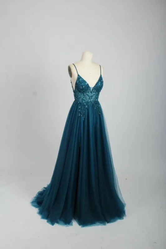 Teal 32564b V-Neck Beaded Prom Dress with Sexy Side Split sold by Cargo
