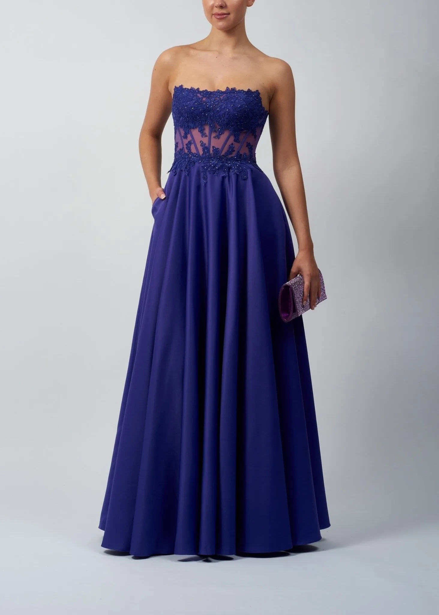 Purple Mascara MC123217 Strapless Embellished Satin Corset Dress sold by Cargo