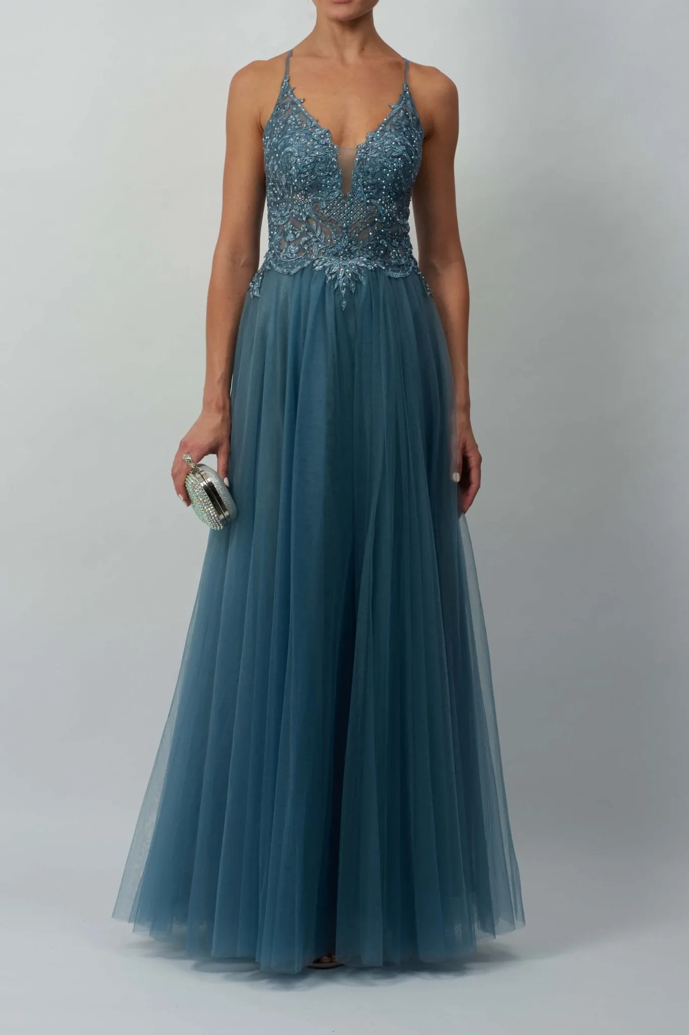 Dew MC181484 Cross back strap tulle net prom gown sold by Cargo