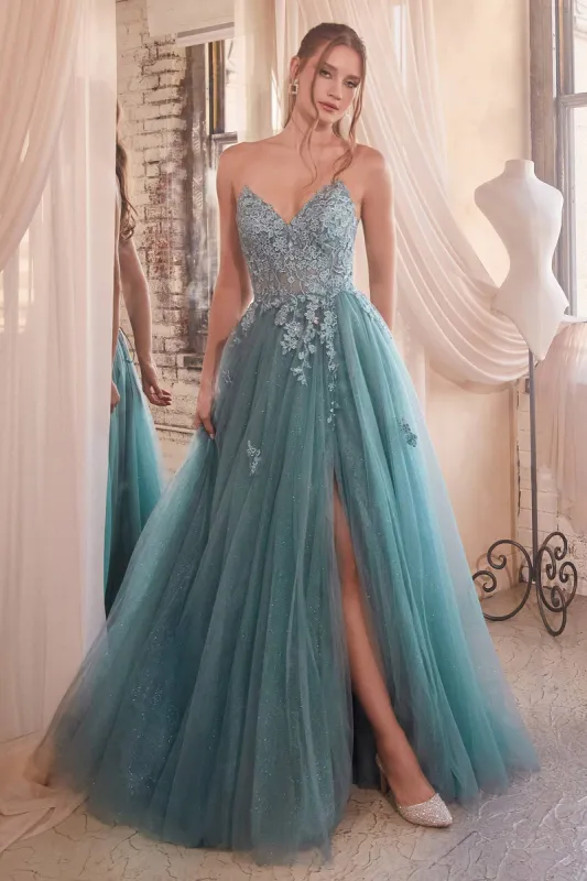 STRAPLESS A-LINE LACE & TULLE DRESS: Dusty Teal - C148 sold by Cargo