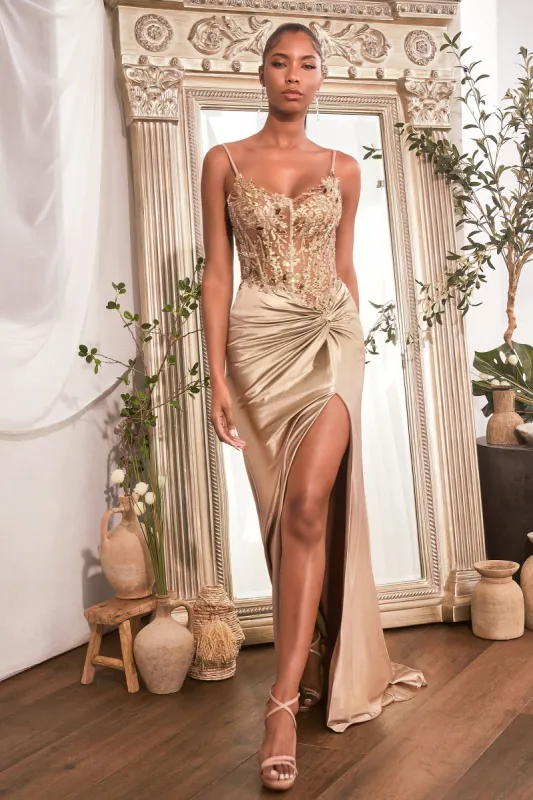 FITTED SATIN GOWN WITH EMBELLISHED BODICE: Champagne Gold CD0176 sold by Cargo