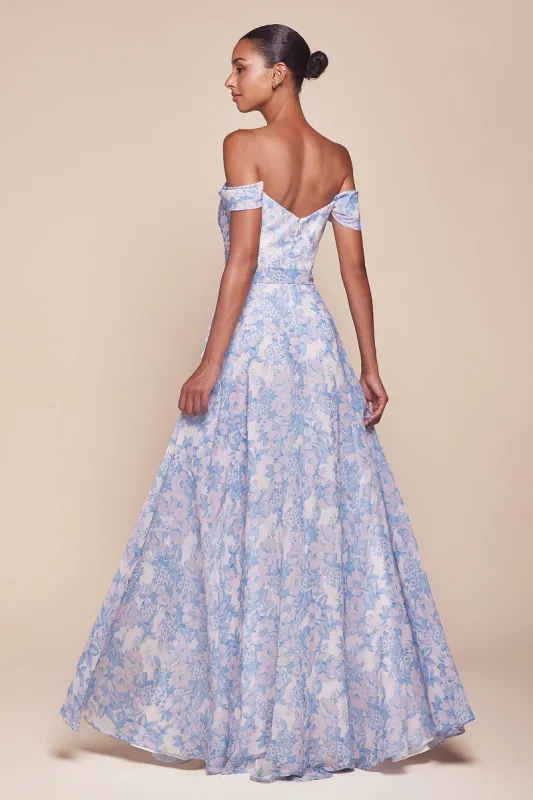 OFF THE SHOULDER FLORAL PRINTED A-LINE DRESS: Blue sold by Cargo