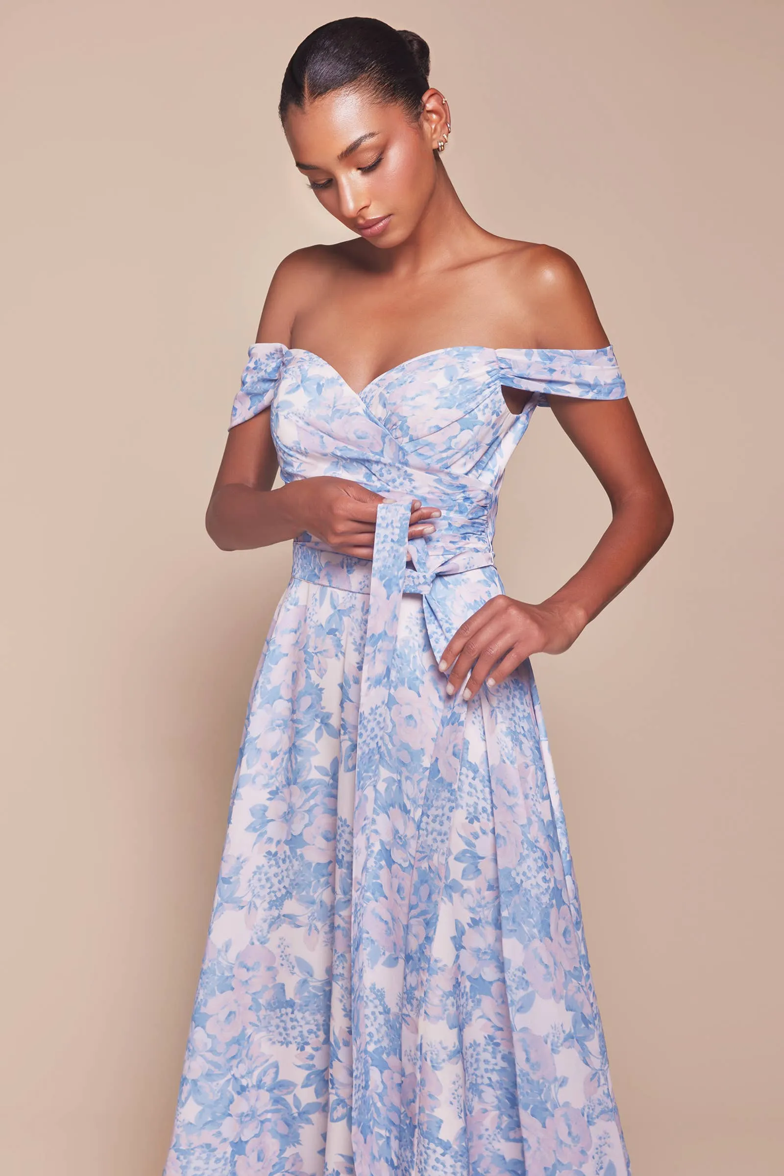 OFF THE SHOULDER FLORAL PRINTED A-LINE DRESS: Blue sold by Cargo product image thumbnail 4