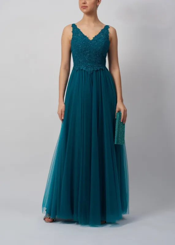 Mascara MC23344 Petrol V-Neck Embroidered Tulle Prom Dress sold by Cargo