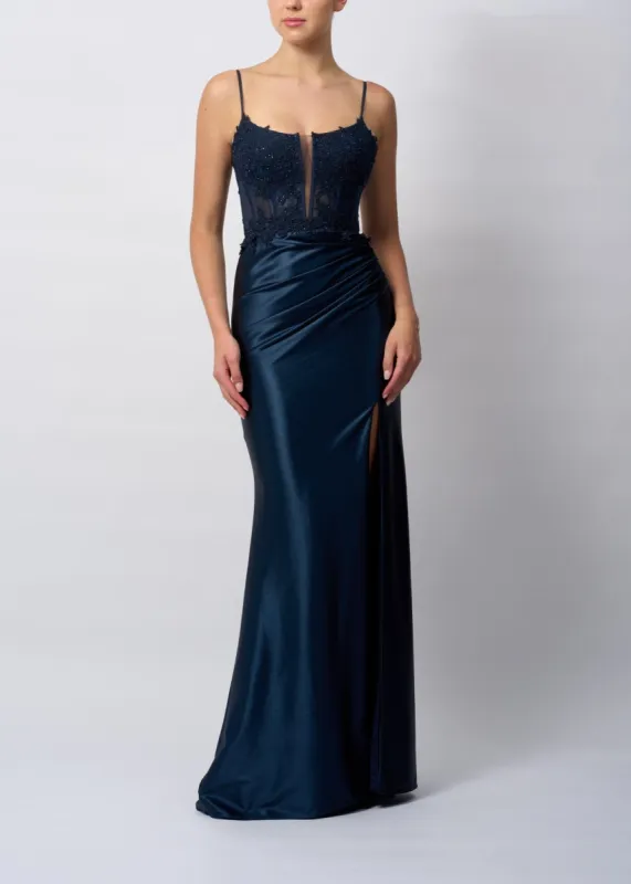 Mascara MC12423 Ink Blue Lace and Satin Corset Prom Dress sold by Cargo