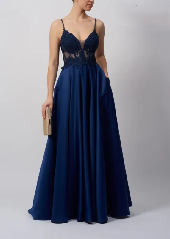 Mascara MC123216 Navy Satin Ballgown with Corset Detail sold by Cargo
