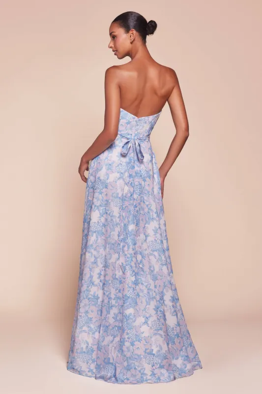 STRAPLESS A-LINE FLORAL CHIFFON DRESS: Blue - 7443 sold by Cargo