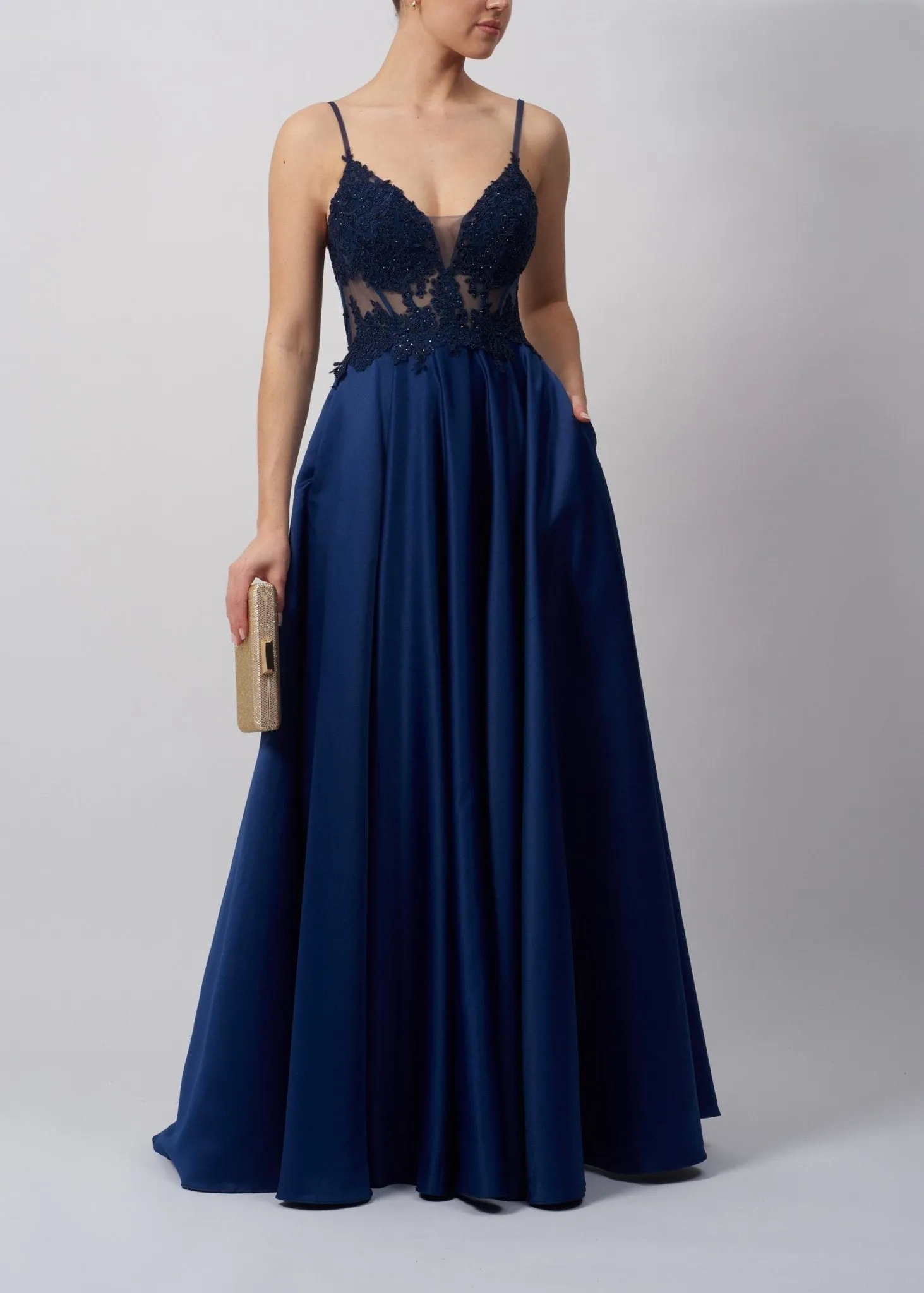 Mascara MC123216 Navy Satin Ballgown with Corset Detail Dress sold by Cargo