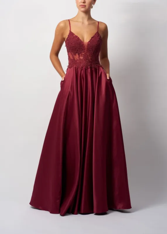 Mascara MC123216 Wine Satin Ballgown with Corset Detail sold by Cargo